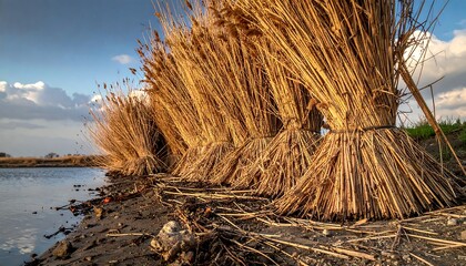 Fototapeta premium Dried reeds lining a riverbank at sunset