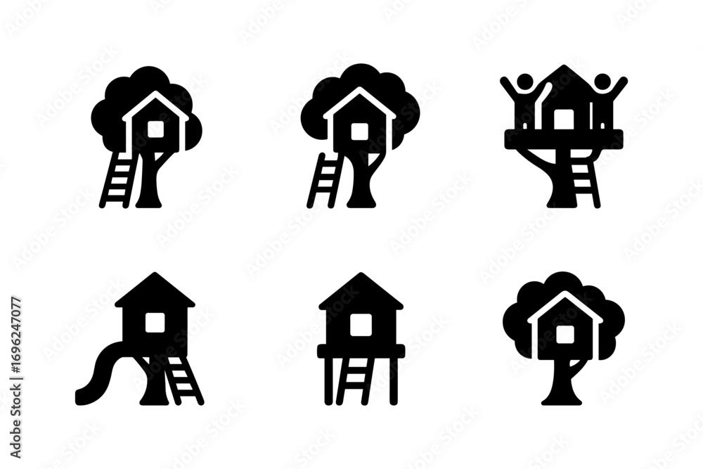 Poster set of six minimalist black treehouse icons with ladders and slides