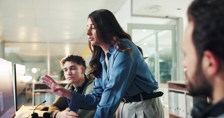 Computer, conversation and training with people in call center for system integration or orientation. Coaching, contact us and explain with employee team in customer service office for support - Powered by Adobe