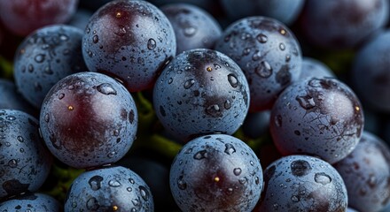 A macro photograph captures a cluster of dark, round grapes glistening with water droplets against a dark background.