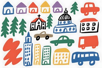 Colorful cartoon city scene featuring buildings cars and trees in a whimsical style design