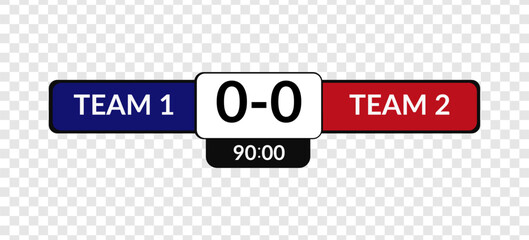 Sports scoreboard vector template. Soccer or football match timer and team score display. Final match result