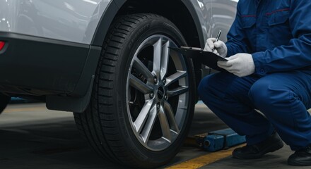 Auto Mechanics Inspecting Car Tire &ndash; Vehicle Maintenance and Safety Check 