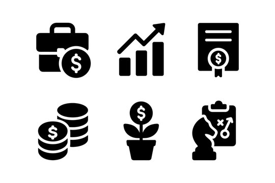 Business icons set featuring finance, growth, investment, and strategy in bold silhouette style