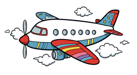 Colorful airplane flying through the clouds illustration isolated PNG with Transparent Background