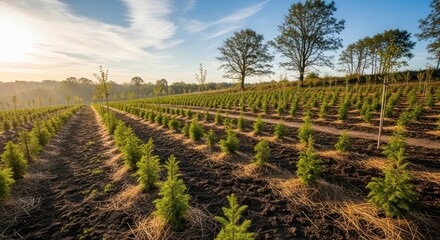 Fototapeta premium Rows of Young Trees in a Nursery on a Sunny Day.