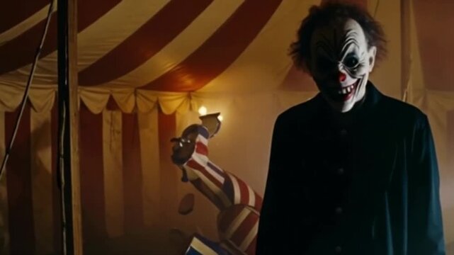 Ein Horror-Clown taucht pl&ouml;tzlich aus dem Nebel eines verlassenen Zirkuszeltes auf