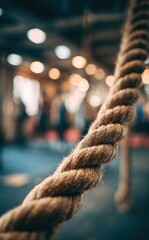 Close-up of a thick, twisted rope in a gym, with blurred figures and lights in the background