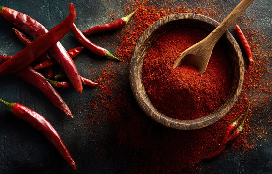 A bowl of red chili powder with chilies scattered around, top view on a dark background