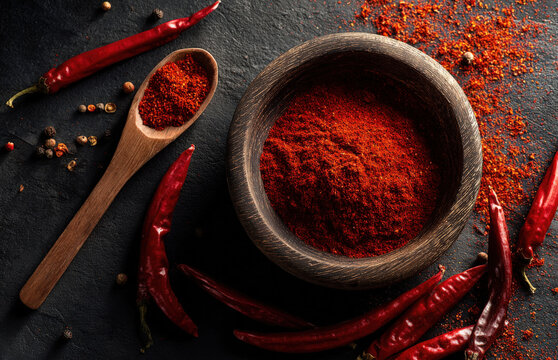 A bowl of red chili powder with chilies scattered around, top view on a dark background