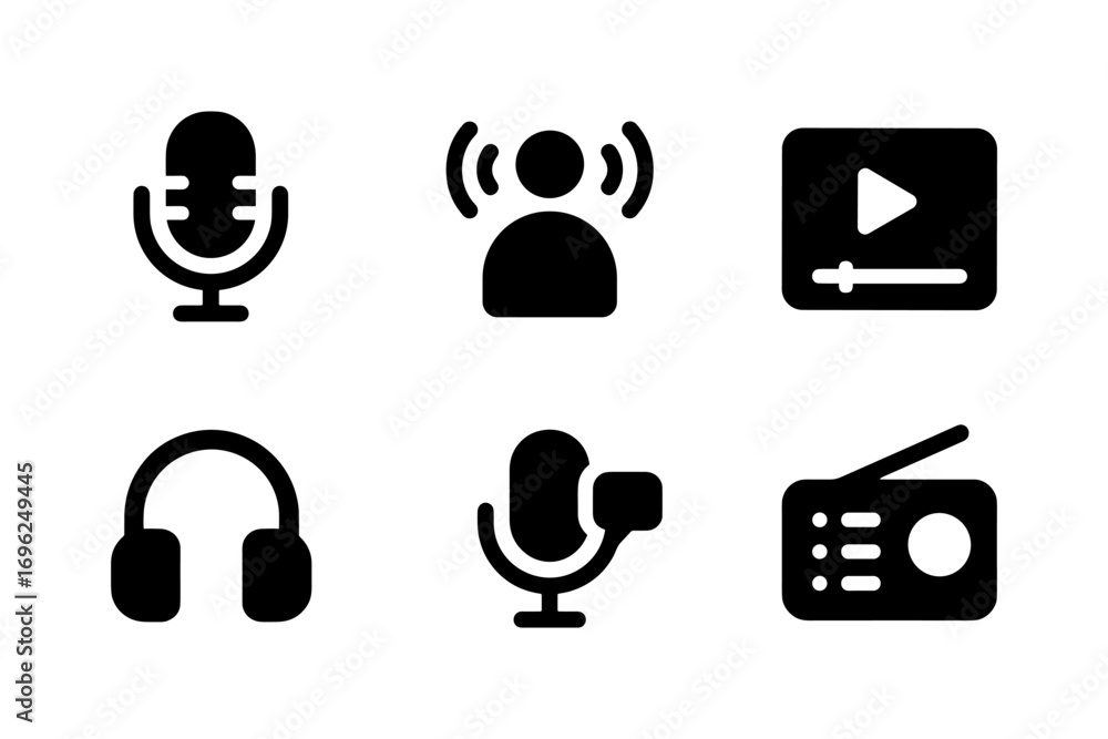 Poster minimalist black audio and media icons set for modern user interfaces