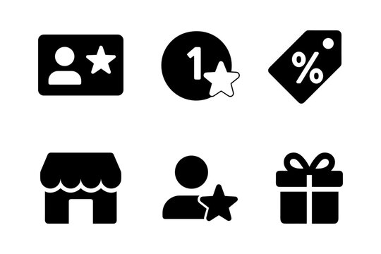 Black silhouette icons for loyalty, discounts, and gifts