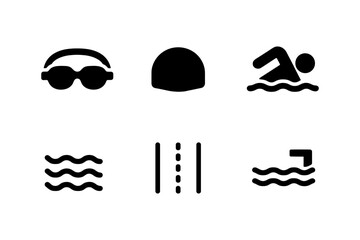 Swimming icons set: silhouette style featuring gear and action symbols