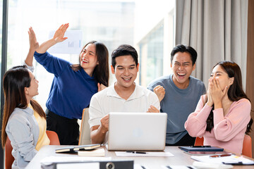 Happy men and women in office , Business people, happy and celebration for success in office. ...