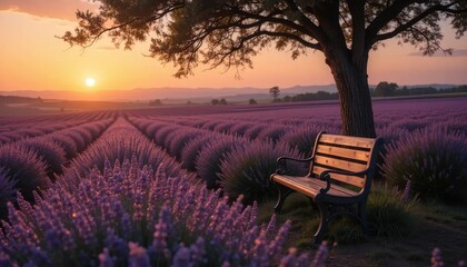 Serene sunrise over a vast lavender field, a wooden bench sits beneath a tree offering a peaceful moment.