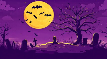 Wide halloween night graveyard illustration with orange moon