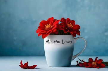 Red flowers in mug with text written Mindful Living - practice of cultivating present moment awareness without judgment, engaging with life more fully and intentionally