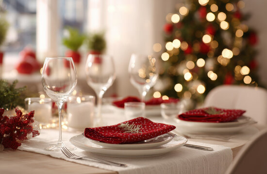 A Christmas dinner table is set with white linen and a red napkin