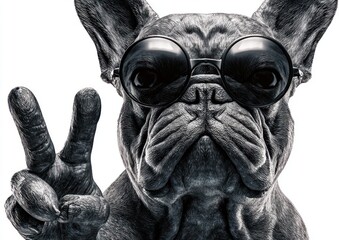 Close-up of a French Bulldog with sunglasses, making a peace sign with its paw, against a plain white background