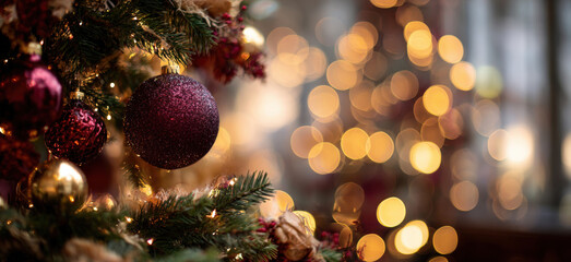 A Christmas tree adorned with burgundy ornaments stands in the foreground, with blurred lights in the background