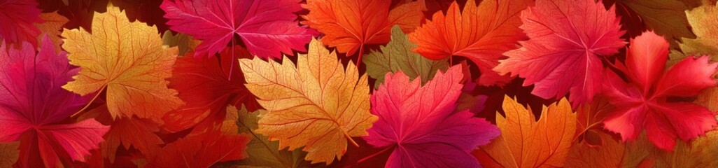 A painterly image depicting a vibrant collection of autumn leaves in warm tones of red, orange, and yellow, scattered across the frame