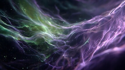 Swirling purple and green nebula clouds with glowing particles in deep space galaxy cosmos