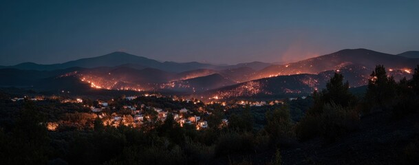 Panoramic shot showcases a town nestled amidst hills, illuminated by warm lights, against a backdrop of a dusky, pre-dawn sky and distant fires