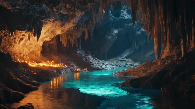 Stunning underground cave with glowing water and formations