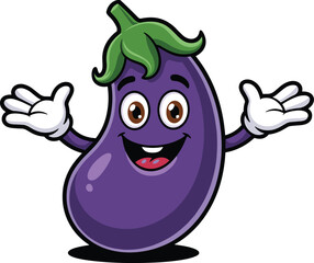 Funny cartoon eggplant mascot character, smiling vegetable illustration, animated food icon, happy aubergine with arms, kids vegetable drawing, clipart