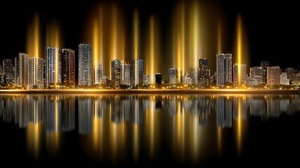 Naklejka premium City Skyline at Night with Reflections and Colorful Light Displays over Water