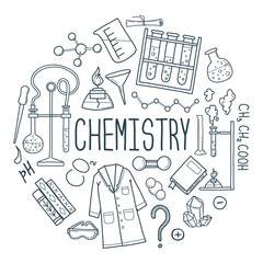 Chemistry outline elements composition. Doodle science line art vector poster