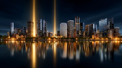 Obraz premium Nighttime Cityscape with Reflections and Light Beams Over Water in Urban Environment