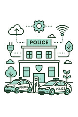 Fototapeta premium Eco-friendly police station with electric cars in futuristic line art design