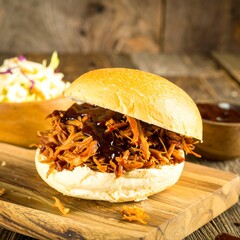 Delicious pulled pork sandwich on a rustic wooden board, garnished with BBQ sauce, displayed with a side of coleslaw.