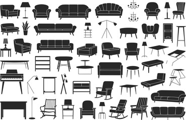 Furniture silhouette collection, sofa, chair, table, lamp, interior decor icons, vector design, modern home furnishing elements, black shapes