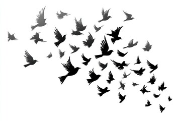 Silhouetted birds fly upwards in a loose, stylized flock on a white background, a sense of freedom and escape is evoked