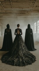 Three figures in black gowns stand in a misty, aged room. Back views