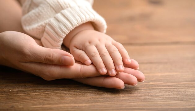 Tender Embrace: A Baby's Tiny Hand Held Securely in a Mother's Loving Palm on Warm Wooden Surface
