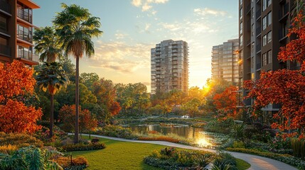 Obraz premium Serene autumnal sunset view of apartment buildings nestled within a lush, landscaped park with a pond