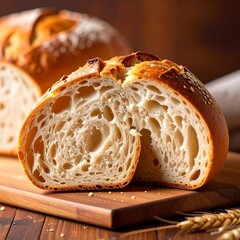 A close-up view of a sliced artisan loaf, showcasing its airy texture and golden-brown crust.