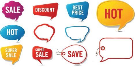  image features a diverse collection of **speech bubbles, tags, and label templates**, commonly used for promotional purposes. Here's a detailed breakdown of each element:
