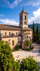 Fototapeta premium A serene, sun-drenched view of a historic church, nestled amidst lush greenery, showcases the beauty of a tranquil courtyard.