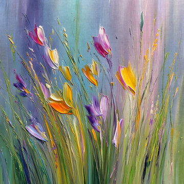 Abstract meadow flowers, flowing wildgrass, vibrant pastel colors.