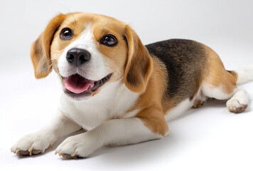 Adorable Beagle lying down, looking up with bright eyes, tongue out on a plain white background
