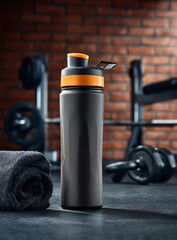 Dark water bottle stands on gym floor, with barbell and towel on the textured surface, brick wall background