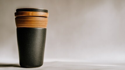 A black cylindrical container with a stack of three wooden lids against a blurred, neutral background