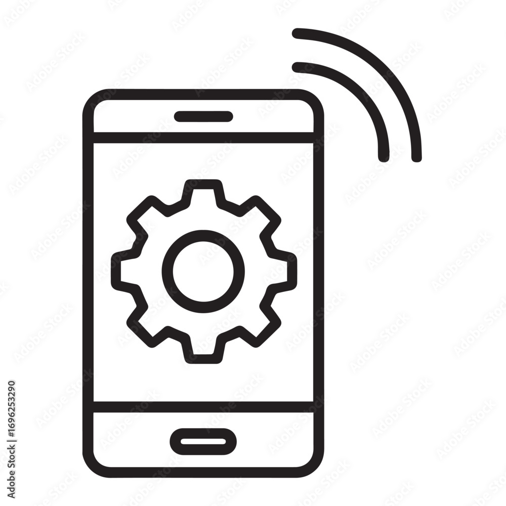 Wall mural a simple line drawing of a smartphone displaying a gear icon, with curved lines indicating a wireles