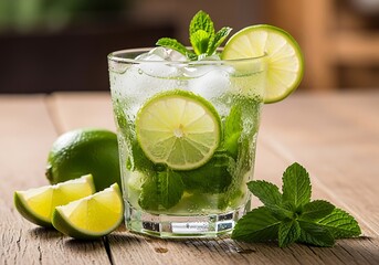 Refreshing Mojito cocktail with lime and mint served on wooden surface