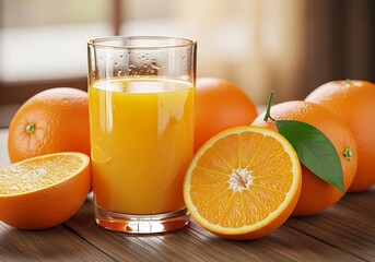 Refreshing orange juice and fresh oranges on a wooden table top