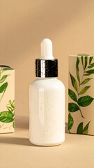A white dropper bottle, featuring water droplets, sits on a beige surface, surrounded by decorative boxes with botanical prints.
